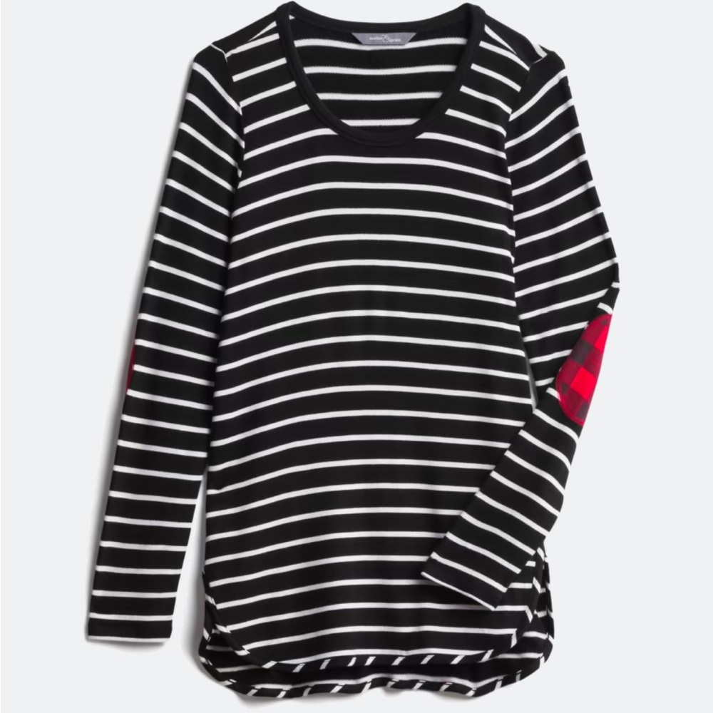 Market & Spruce Black and White Striped Long Sleeve Tee Buffalo Plaid Elbow Patc